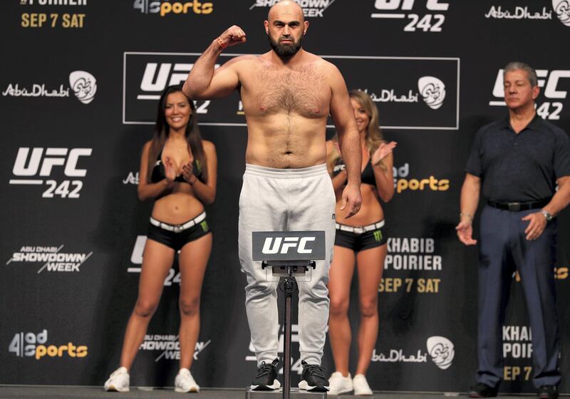 Abu Dhabi, United Arab Emirates - September 06, 2019: Shamil Abdurakhimov weights in before his fight with Curtis Blaydes at UFC 242. Friday the 6th of September 2019. Yes Island, Abu Dhabi. Chris Whiteoak / The National