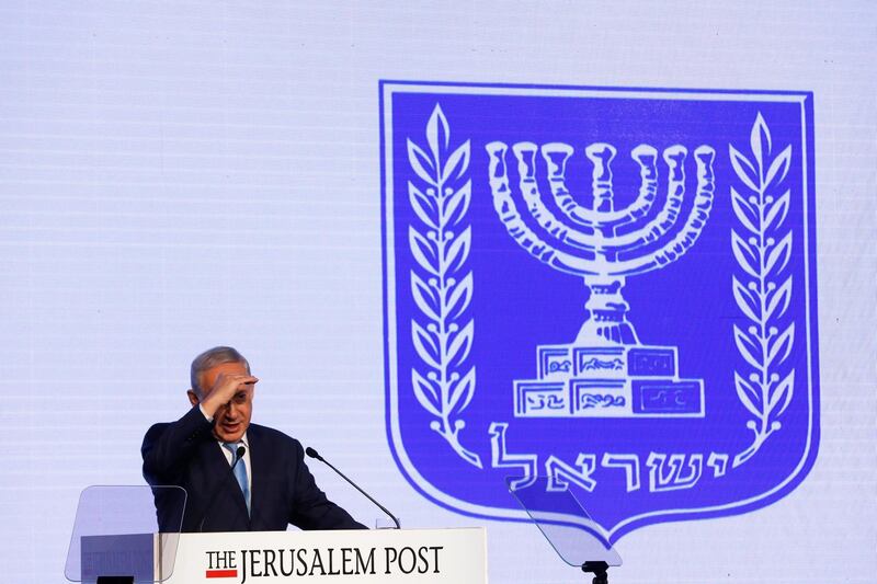 Israeli prime minister Benjamin Netanyahu speaks at the Jerusalem Post Diplomatic Conference in Jerusalem a day after US president Trump announced plans to move the US embassy to Jerusalem. Ronen Zvulun / Reuters