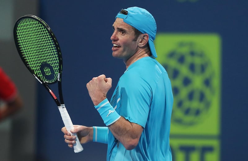 DOHA, QATAR - MARCH 09: Malek Jaziri of Tunisia celebrates in his Round One match against Norbert Gombos of Slovakia during Day Two of the Qatar ExxonMobil Open 2021 at Khalifa International Tennis and Squash Complex on March 09, 2021 in Doha, Qatar. (Photo by Mohamed Farag/Getty Images)