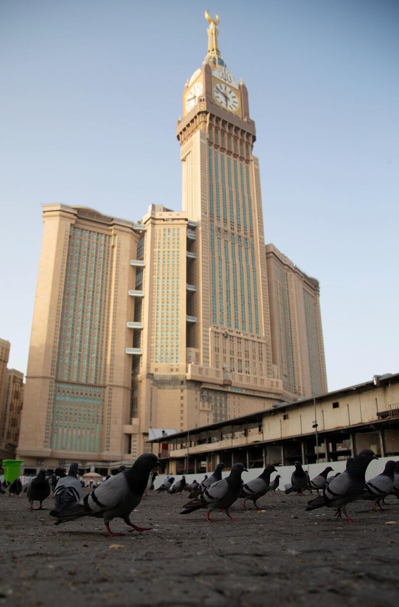 Birds are seen near the Grand Mosque during a curfew. Reuters