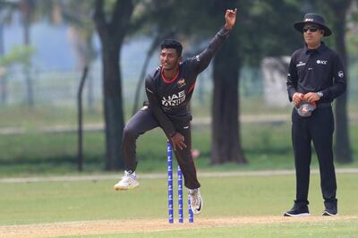 Karthik Meiyappan bowls. courtesy: ICC