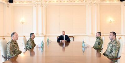 Azerbaijan's President Ilham Aliyev meets the military leadership in Baku on Tuesday. AFP