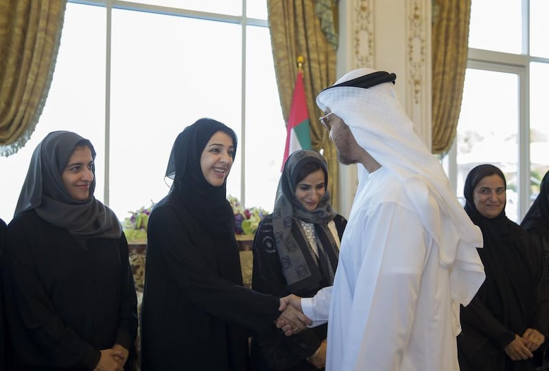 The Abu Dhabi Crown Prince greets Reem Al Hashimi, Minister of State for International Cooperation (2nd L) on the occasion of Emirati Women’s Day, during a Sea Palace barza. Seen with Najla Al Awar, Minister of Community Development (L), Jameela Al Muhairi, Minister of State for Public Education (3rd L) and Sheikha Lubna Al Qasimi, Minister of State for Tolerance (back R). Mohamed Al Hammadi / Crown Prince Court - Abu Dhabi