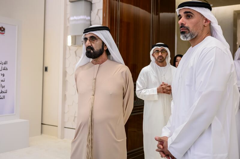 Sheikh Mohammed, Sheikh Abdullah bin Zayed, Minister of Foreign Affairs and International Co-operation, and Sheikh Khaled bin Mohamed, Member of Abu Dhabi Executive Council and chairman of Abu Dhabi Executive Office