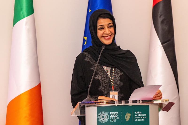 Reem Al Hashimy, Minister of State for International Co-operation and director general of Expo 2020 Dubai, before a performance of 'Riverdance' at the Ireland Pavilion. Photo: Expo 2020 Dubai