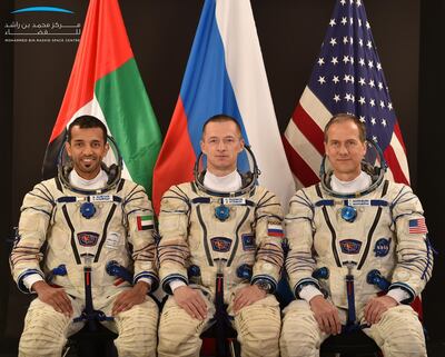 The back-up crew: Emirati astronaut Sultan Al Neyadi, Russian flight commander of Roscosmos Sergei Ryzhikov , and American Nasa astronaut Thomas Henry. Courtesy Dubai Media Office