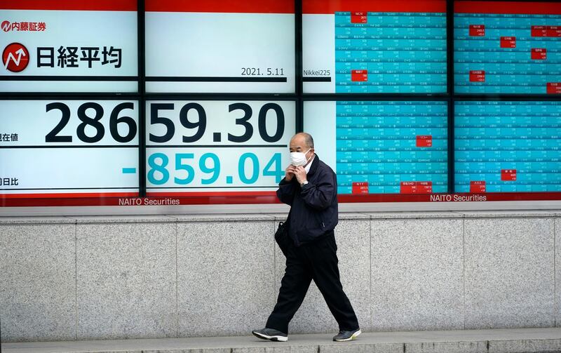 epa09190563 A pedestrian walks past a stock market indicator board in Tokyo, Japan, 11 May 2021. Tokyo stocks fell sharply following overnight loss in the US and increasing number of COVID-19 cases in Japan.  EPA/FRANCK ROBICHON
