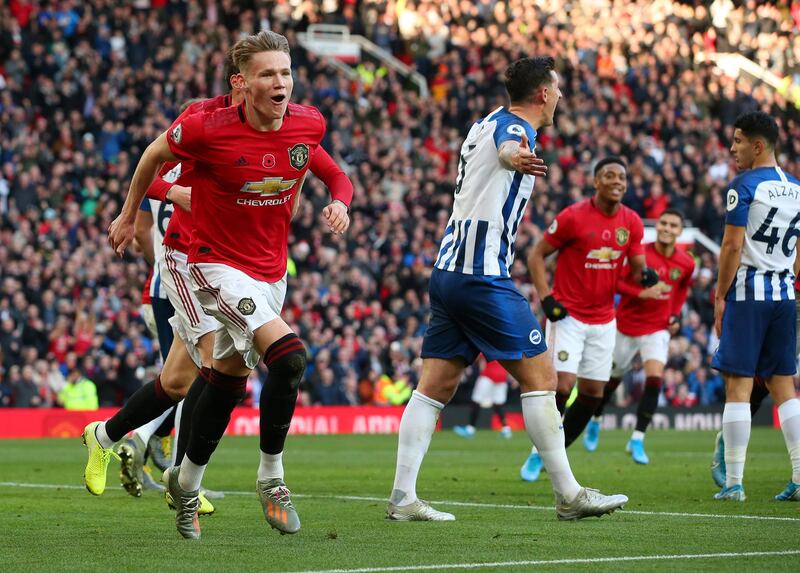 Scott McTominay of Manchester United celebrates after his team's second goal - an own goal from Davy Propper -  at Old Trafford. Getty Images