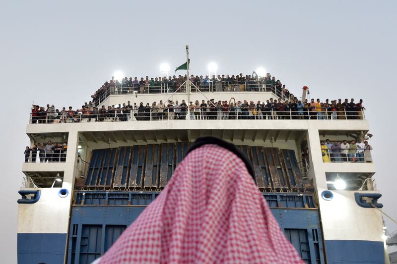 A boat with 1,687 civilians from more than 50 countries fleeing violence in Sudan arrives in Jeddah. AFP