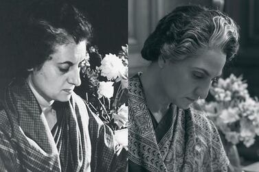 Former Indian prime minister Indira Gandhi, left, and Lara Dutta in the Bollywood film 'Bell Bottom'. Instagram / larabhupathi