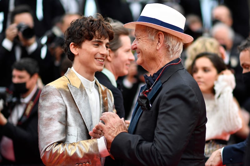 Timothee Chalamet and Bill Murray attend the screening of 'The French Dispatch' at the 74th annual Cannes Film Festival on July 12, 2021