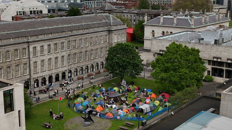 Students take part in an encampment protest over the Gaza conflict on the grounds of Trinity College in Dublin. AP