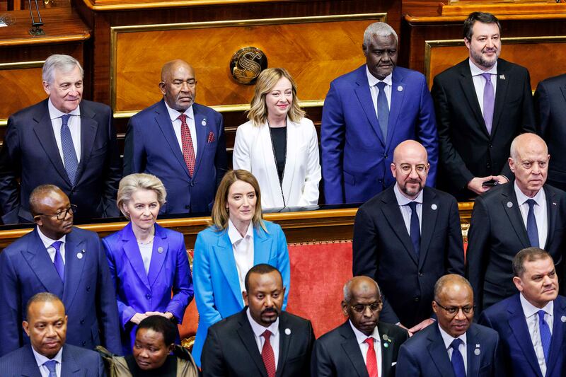 Giorgia Meloni, centre, is using Italy's G7 presidency to push her agenda of co-operation with Africa to stem migration. AP