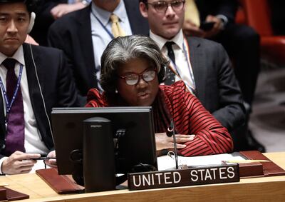 US ambassador to the UN Linda Thomas-Greenfield speaks during a Security Council meeting. EPA