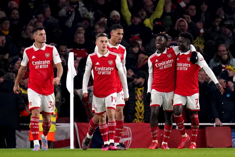 Arsenal's Eddie Nketiah celebrates with his teammates after scoring the winner. PA