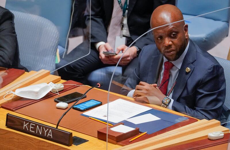 Martin Kimani, Kenya's ambassador to the UN, gave an impassioned speech on the parallels between the Ukraine conflict and African history. AP Photo