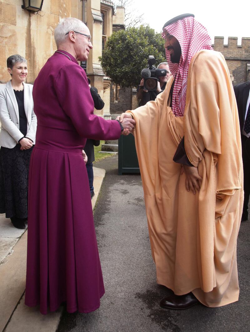 Britain's Archbishop of Canterbury Justin Welby greets the Saudi Crown Prince at Lambeth Palace.