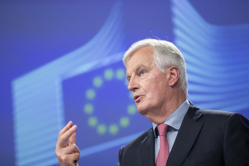 Michel Barnier, chief negotiator for the European Union (EU), gestures while speaking during a news conference in Brussels, Belgium, on Friday, June 8, 2018. Barnier rejected the key elements of Theresa May’s plan to overcome one of the thorniest divorce questions, but said talks continue. Photographer: Jasper Juinen/Bloomberg