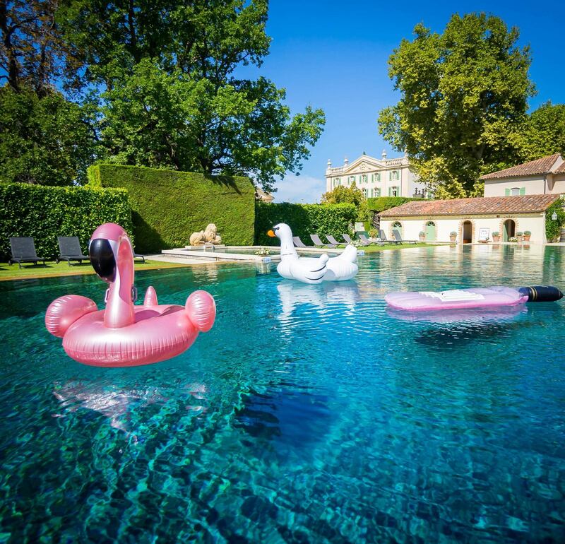 Guests can take a dip in the inviting swimming pool, complete with very Instagrammable floats. Courtesy Chateau De Tourreau