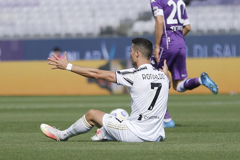 Juventus star Cristiano Ronaldo takes a tumble against Fiorentina. Getty