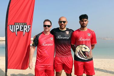 Captain Colin Munro with Tymal Mills (M) and Ali Naseer (R). Desert Vipers jersey launch and press conference ahead of the International League T20. Chris Whiteoak / The National