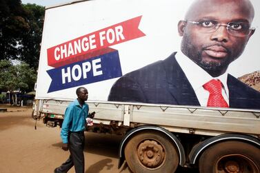 George Weah, former soccer player and presidential candidate for the Coalition for Democratic Change (CDC) says he is set for vicotry as preliminary results roll in in the elections in Liberia on December 27, 2017. Thierry Gouegnon / Reuters