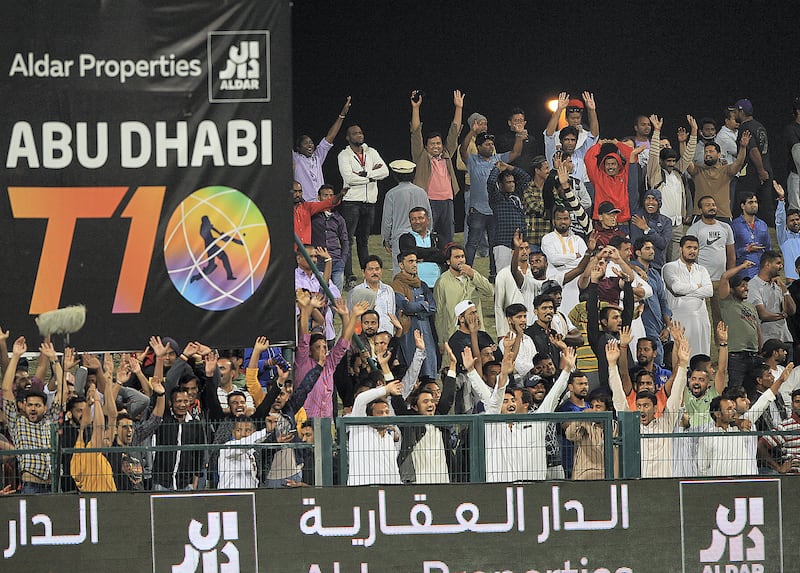 Abu Dhabi, October,22 2019:  Cricket fans enjoy the match between Maratha Arabians and Bangla Tigers during the T10 match at the Zayed Cricket stadium in Abu Dhbai . Satish Kumar/ For the National
