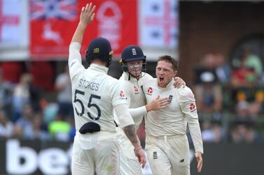 PORT ELIZABETH, SOUTH AFRICA - JANUARY 18: England bowler Dom Bess celebrates after taking the wicket of Rassie van der Dussen for his 5th wicket of the innings during Day Three of the Third Test between England and South Africa on January 18, 2020 in Port Elizabeth, South Africa. (Photo by Stu Forster/Getty Images)