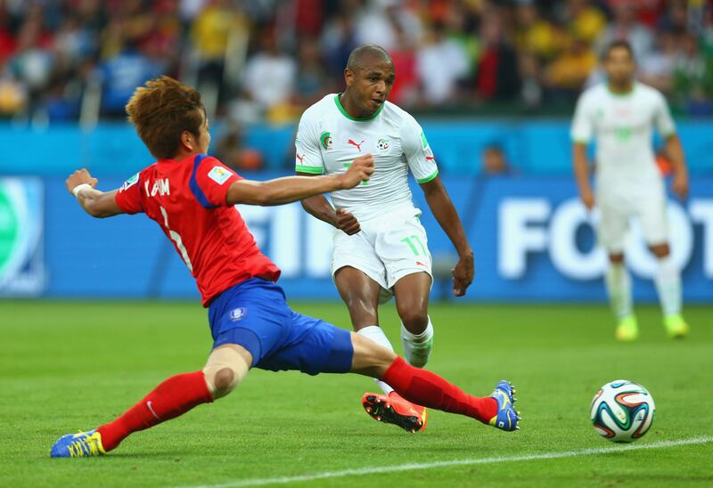 Yacine Brahimi of Algeria scores his team's fourth goal in their match against South Korea at the 2014 World Cup. Getty