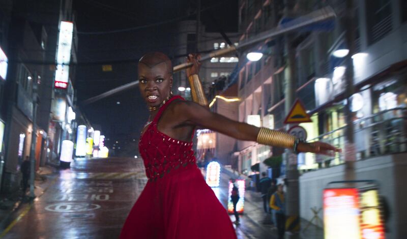 This image released by Disney shows Danai Gurira in a scene from Marvel Studios' "Black Panther."  Gurira says the representation of women in â€œBlack Pantherâ€ is important for young girls to see. The film features a number of powerful female leads, including Gurira as the head of a special forces unit, Lupita Nyongâ€™o as a spy, Angela Bassett as the Queen Mother and newcomer Letitia Wright as a scientist and inventor. (Marvel Studios-Disney via AP)