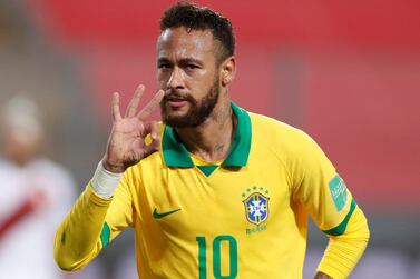 Brazil's Neymar celebrates his third goal against Peru during the 2022 World Cup South American qualifier in Lima. EPA