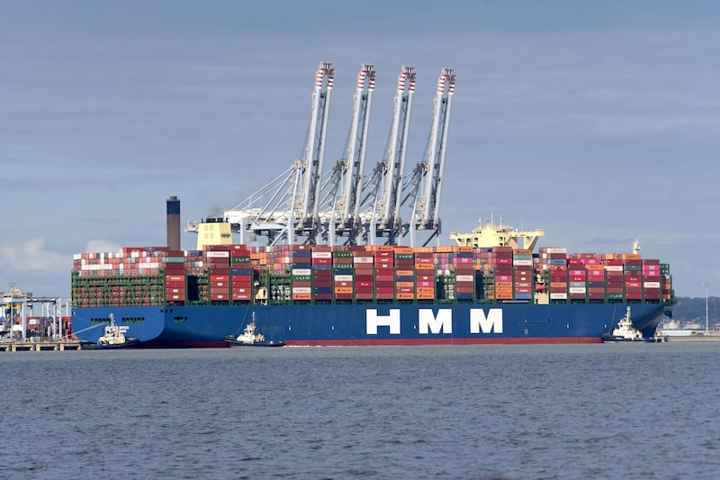 Mandatory Credit: Photo by Fraser Gray/Shutterstock (10768292a)
The container ship HMM Hamburg is making her maiden port call to DP World London Gateway port on the Essex side of the river Thames. HMM Hamburg along with her six sister ships, are the worlds's biggest container ships at 400m x 62m, nearly the hight of the Empire State Building.
Container ship HMM Hamburg making her maiden port call to DP World London Gateway port, Essex, River Thames, UK - 06 Sep 2020