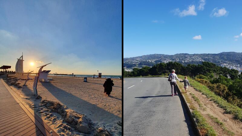 When I lived in New Zealand I missed sunset strolls along Jumeirah's beaches, left, but now that I'm back in Dubai I miss hilly walks with my family in Wellington, right 