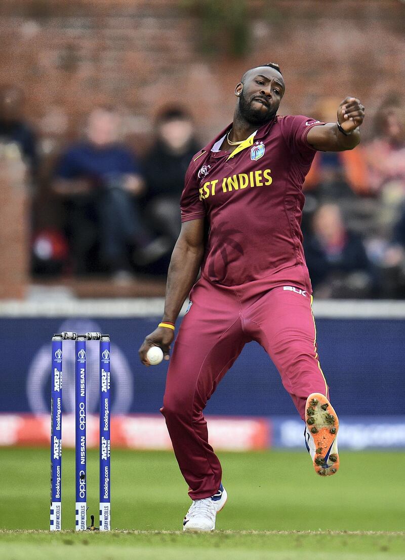 TAUNTON, ENGLAND - JUNE 17: Andre Russell of West Indies bowls during the Group Stage match of the ICC Cricket World Cup 2019 between West Indies and Bangladesh at The County Ground on June 17, 2019 in Taunton, England. (Photo by Harry Trump-ICC/ICC via Getty Images)