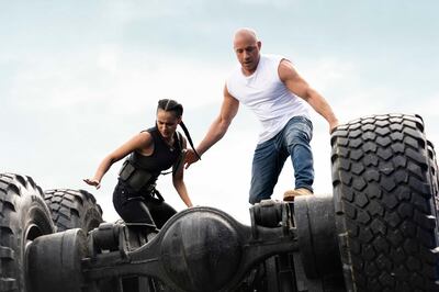 (from left) Ramsey (Nathalie Emmanuel) and Dom (Vin Diesel) in F9, directed by Justin Lin. Photo Credit: Giles Keyte/Universal Pictures