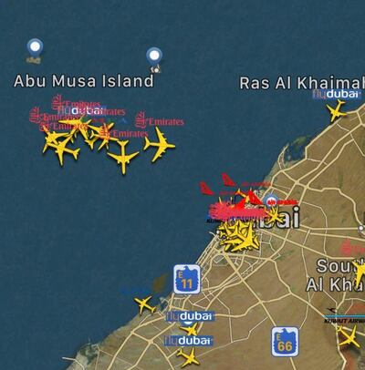 Planes holding over the Gulf and close to DXB. Flight Radar