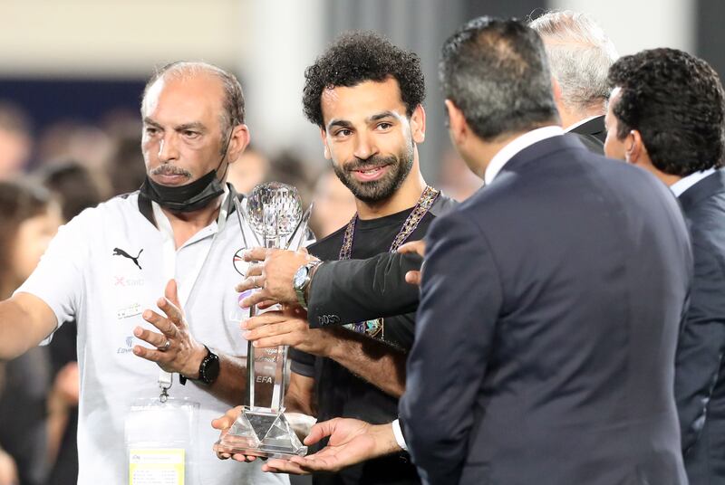 Egypt's Mohamed Salah (C) receives a personal award from the Egypt Football Association before the Africa Cup of Nations (AFCON) qualifying soccer match between Egypt and Guinea in Cairo, Egypt. EPA