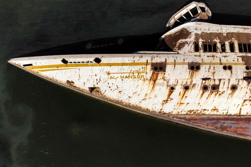 The rusty hull of Al Mansur in the Shatt Al Arab waterway in Basra