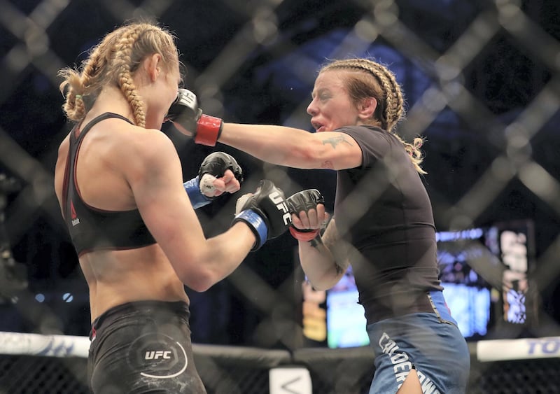 Abu Dhabi, United Arab Emirates - September 07, 2019: Women's Flyweight bout between Joanne Calderwood (blue shorts, winner) and Andrea Lee in the Prelims at UFC 242. Saturday the 7th of September 2019. Yas Island, Abu Dhabi. Chris Whiteoak / The National