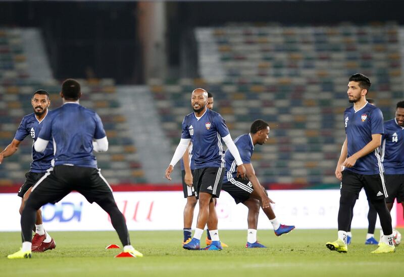 epa07261865 Ismaeil Matar (C) of UAE  attends a training session at Zayed Sports City stadium in Abu Dhabi, United Arab Emirates, 04 January 2019. UAE will play against Bahrain on 05 January 2019 in a 2019 AFC Asian Cup preliminary round match.  EPA/ALI HAIDER