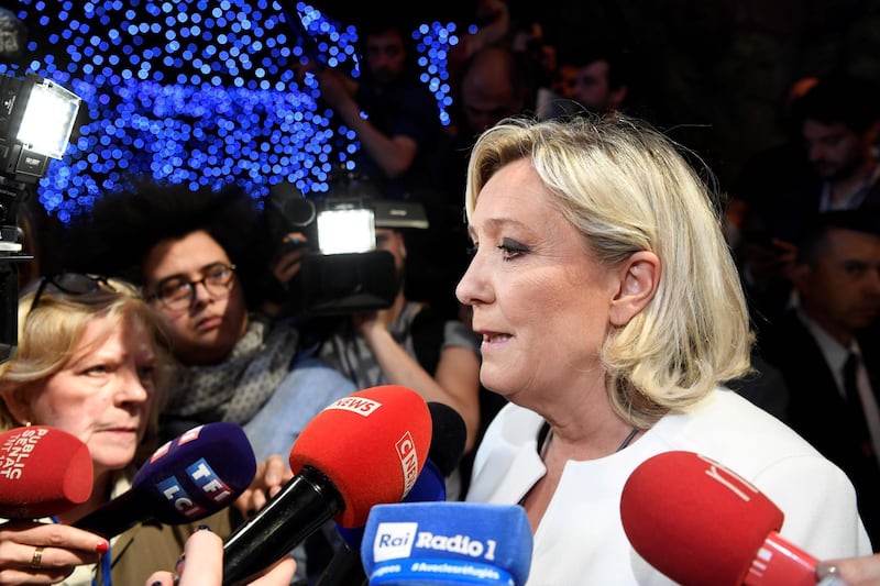 Far-right National Rally party leader Marine Le Penn speaks to media in Paris, France. AFP