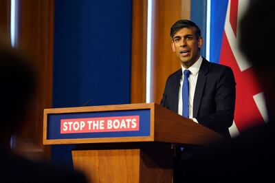 UK Prime Minister Rishi Sunak hosts a news conference at Downing Street last month, after his government and Rwanda had signed a treaty to transfer undocumented asylum seekers to the African country. AFP