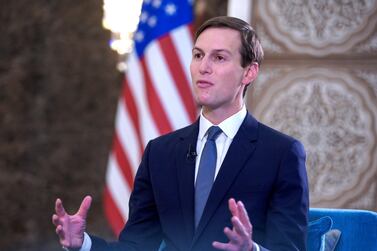 Senior White House adviser Jared Kushner speaks to The National's Editor in Chief Mina Al-Oraibi during a visit to Abu Dhabi to mark the first commercial flight between Israel and the UAE. Victor Besa / The National 