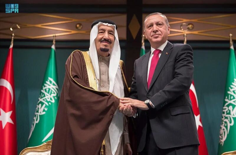 Saudi King Salman receives Mr Erdogan in Jeddah on July 17. Spa