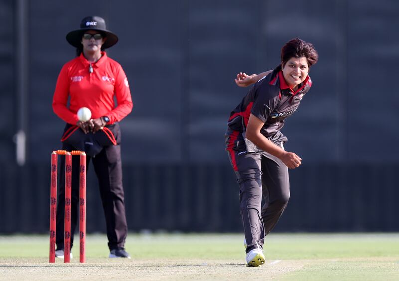 UAE's Chaya Mughal bowls against Scotland.