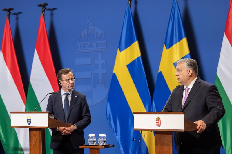 Sweden's Prime Minister Ulf Kristersson, left, visited Budapest on Friday to win the blessing of Hungary's Viktor Orban for the enlargement of Nato. Getty Images