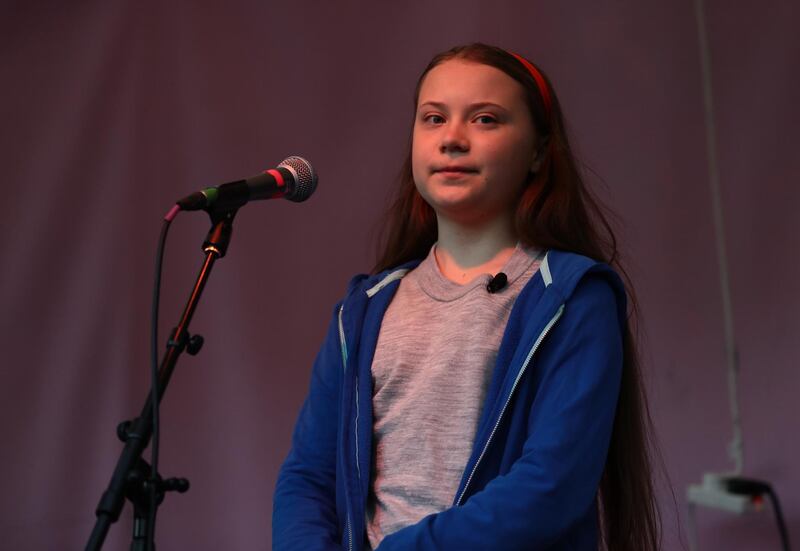 LONDON, ENGLAND - APRIL 21: Greta Thunberg speaks to protesters gathered at Marble Arch as the Extinction Rebellion protests enter their seventh day on April 21, 2019 in London, England. The environmental campaign group has blocked a number of key junctions in central London in a bid to highlight the ongoing ecological crisis. (Photo by Jack Taylor/Getty Images)
