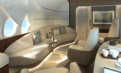 A crescent shaped sofa makes up the heart of the $400 million jet's majlis. Photo: Lufthansa Technik