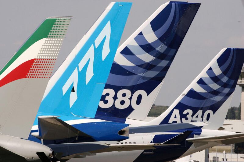 PARIS - JUNE 13:  The tail of the Airbus A-380, the world's largest passenger liner, is seen during the plane's first public appearance at the 46th Paris Air Show June 13, 2005 in the Paris suburb of Le Bourget, France. The air show, held every two years, is one of the aviation industry's biggest displays of military and civilian aircraft.  (Photo by Pascal Le Segretain/Getty Images)
