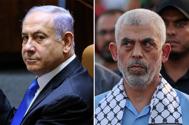 Israel's Prime Minister Benjamin Netanyahu, left, and Yahya Sinwar of Hamas. AFP